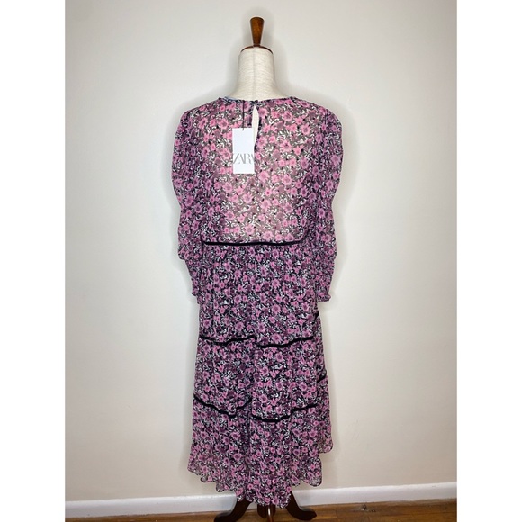NWT Zara Floral Sheer Mutton Sleeve Midi Dress XL - Picture 4 of 9